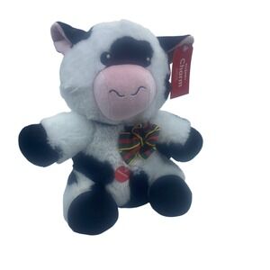 PetSmart Charm Plush Cow Black White Spotted Squeaky Dog Toy Plaid Bow 12" NEW